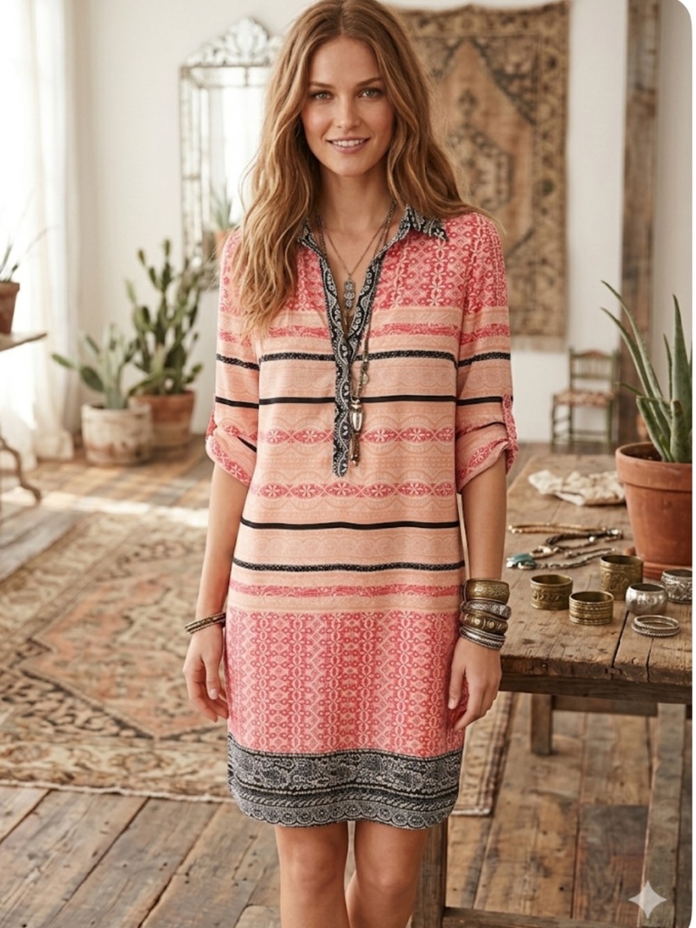 Antonio Melani Boho Mixed Print Shift Dress Coral Pink Black White Size M